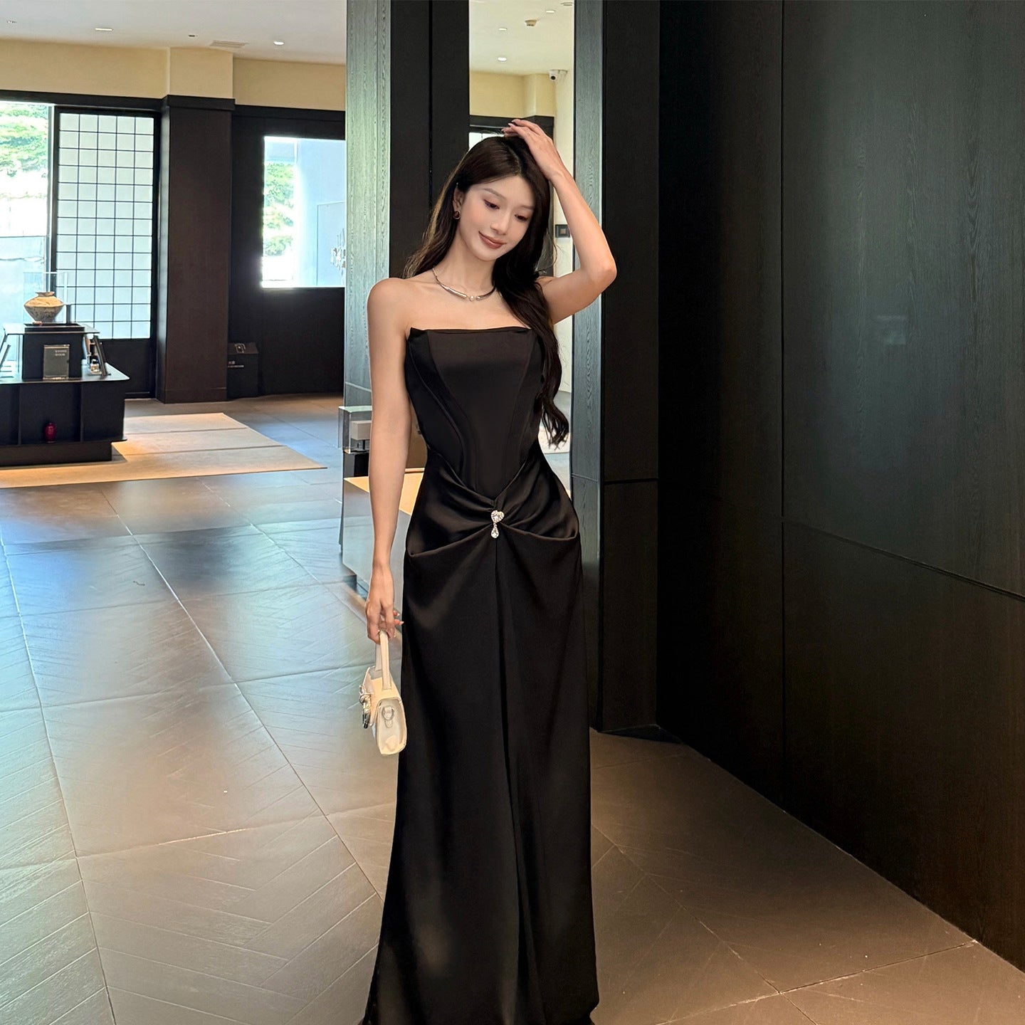 Satin Black Strapless Fishbone Design Hip Hugging Long Skirt - One Shoulder Midi Dress