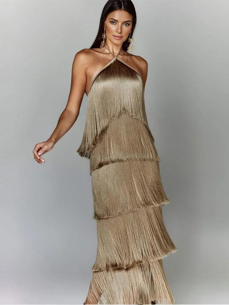 Robe longue à glands de couleur métallisée à licou tendance - Robe ajustée sans manches dos nu à lacets