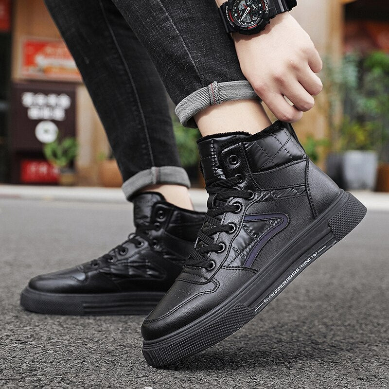 Winter Men Shoes High-Top Walking Shoes - White Cotton Casual Canvas Height Increasing Shoes