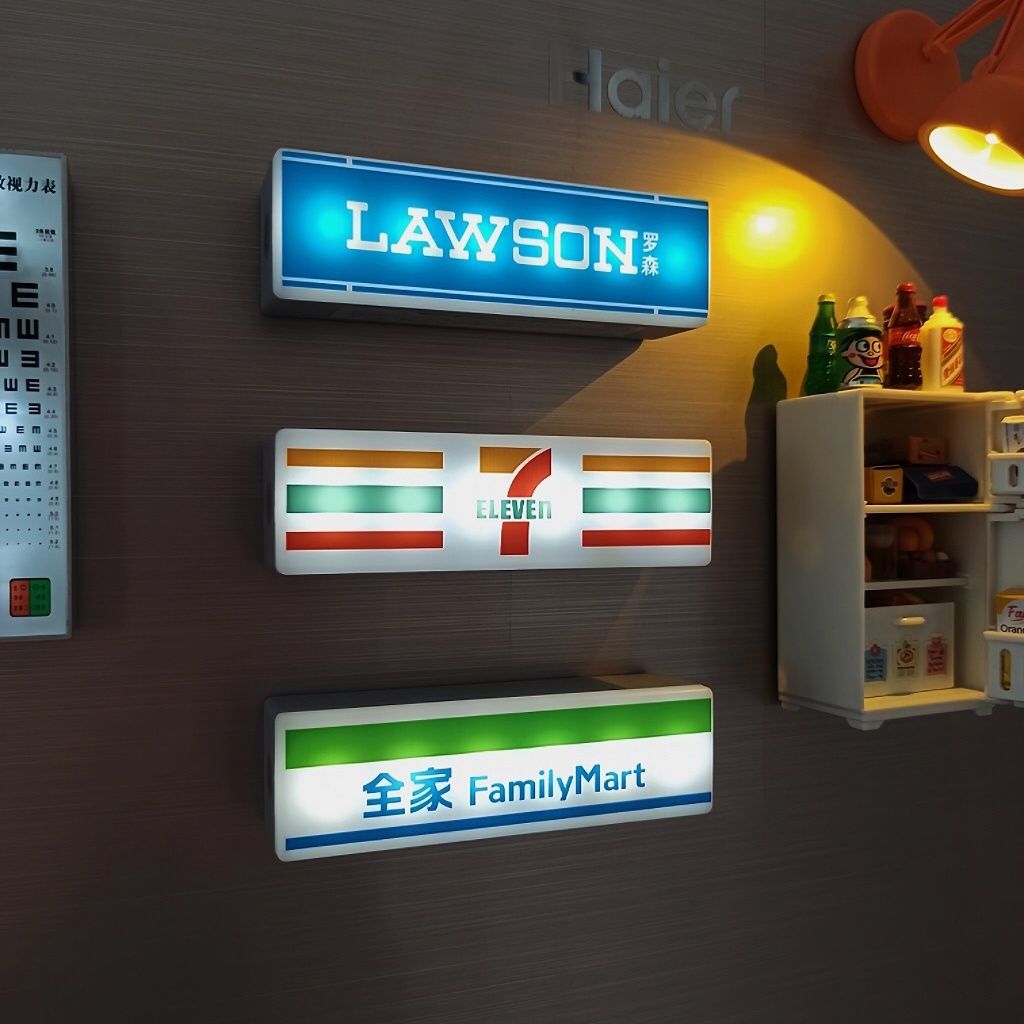 Creative magnetic refrigerator lightbox sticker inspired by convenience stores. Features LED lighting for decorative display and fun collectible use.