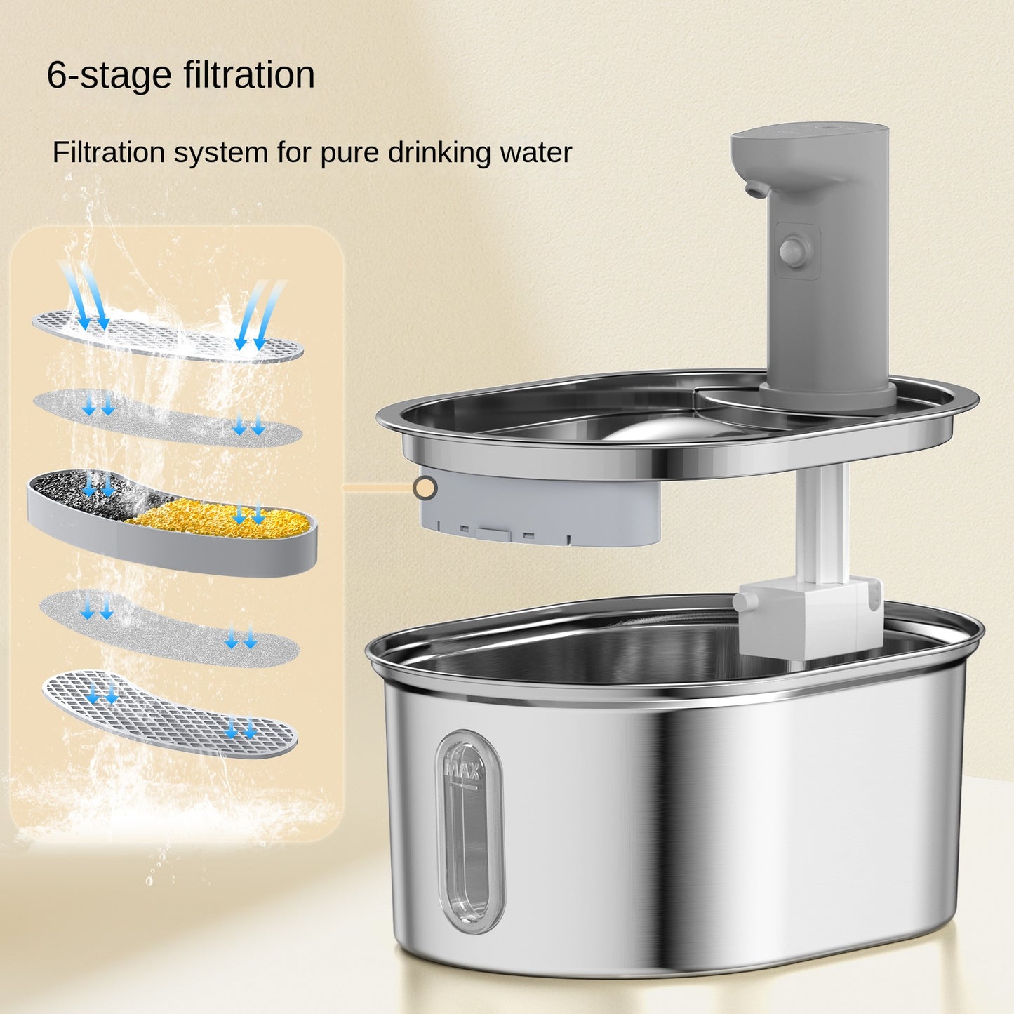 Wireless stainless steel cat water dispenser with intelligent circulation. Battery-powered, quiet, and hygienic—fresh flowing water for daily pet hydration.