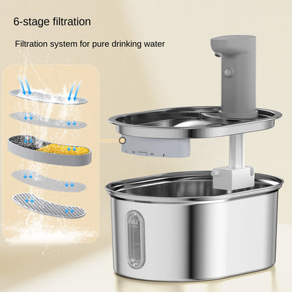 Wireless stainless steel cat water dispenser with intelligent circulation. Battery-powered, quiet, and hygienic—fresh flowing water for daily pet hydration.