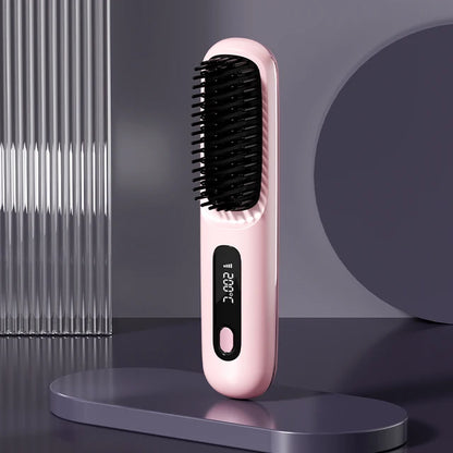Cordless hair straightener comb with digital adjustable temperature. Safe, easy to use, and perfect for smooth styling at home or while traveling.