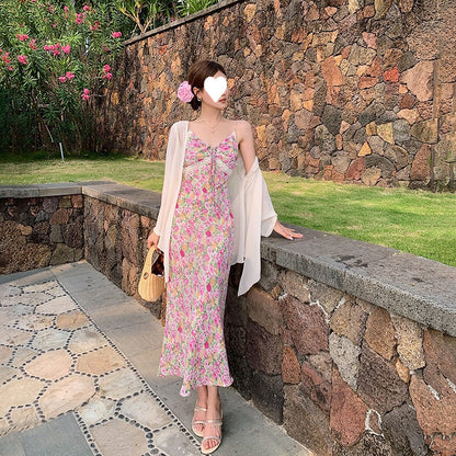 Women's Floral Lace Trim V-Neck Maxi Dress – Sleeveless Bodycon Beach Dress