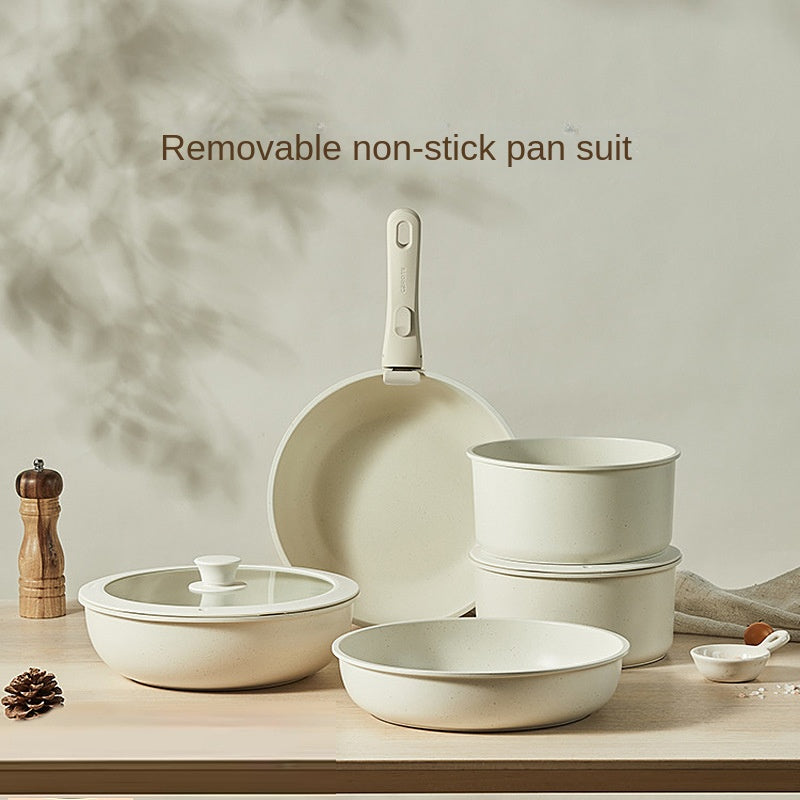 Detachable non-stick cookware set with wheat stone coating and removable handle. Space-saving, durable, and perfect for everyday household cooking.