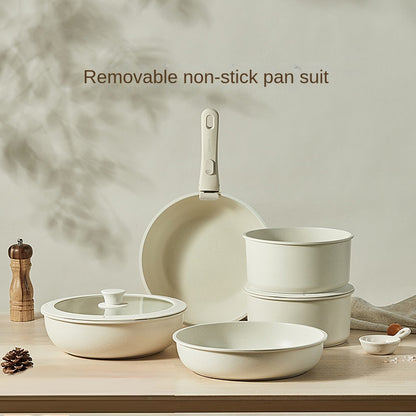 Detachable non-stick cookware set with wheat stone coating and removable handle. Space-saving, durable, and perfect for everyday household cooking.