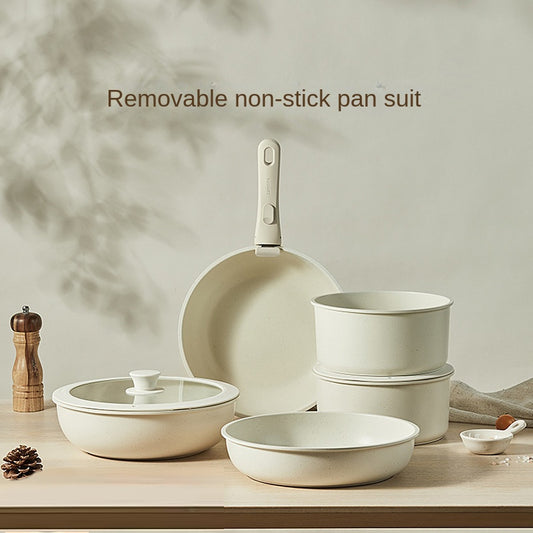 Detachable non-stick cookware set with wheat stone coating and removable handle. Space-saving, durable, and perfect for everyday household cooking.