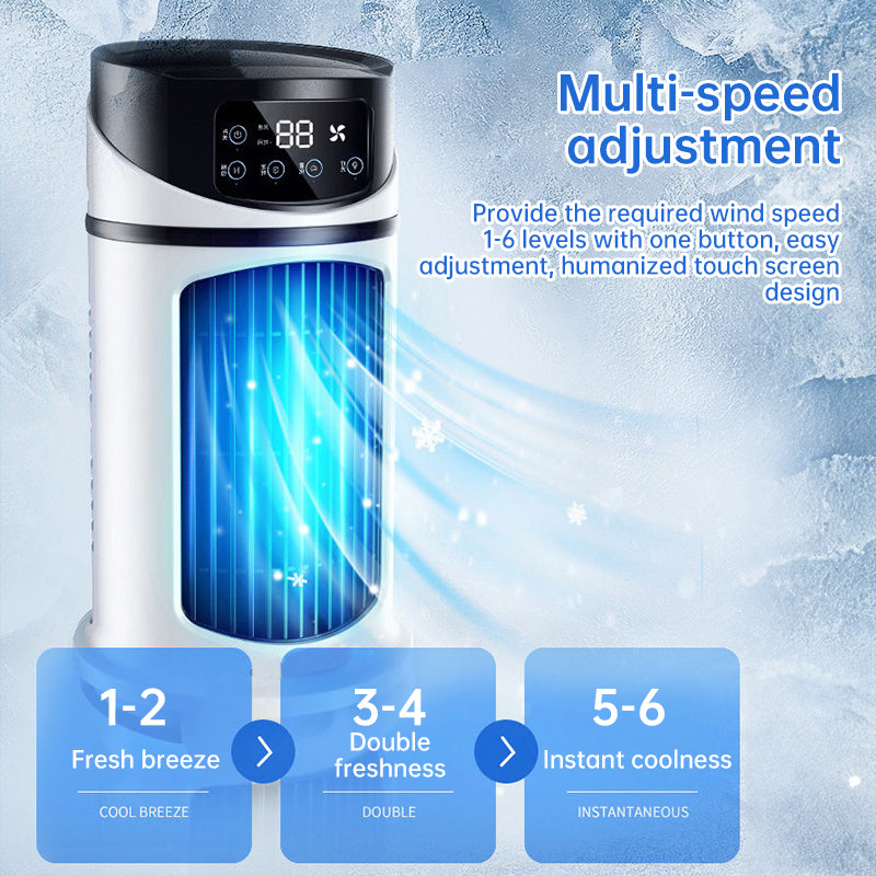 Compact mini USB air cooler with six speed levels, silent operation, and timer function. Bladeless design for safe, efficient personal cooling at home or office.