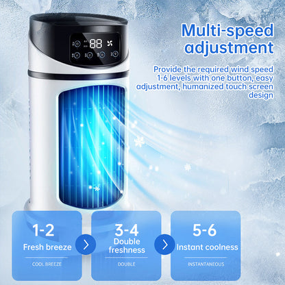 Compact mini USB air cooler with six speed levels, silent operation, and timer function. Bladeless design for safe, efficient personal cooling at home or office.