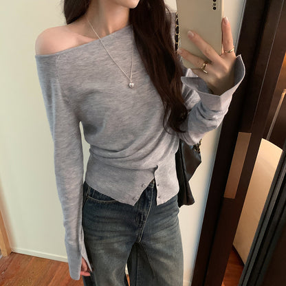 Women's Off Shoulder Asymmetric Neck Loose Knit Top – Long Sleeve Button Casual Blouse