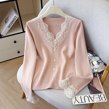 V-Neck Knit Sweater with Button Detail - Long Sleeve Pullover