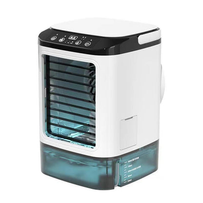 Compact 3-speed mini air cooler with 900ML water tank. Fan + humidifier combo delivers refreshing airflow—perfect for bedrooms, offices, and desks.
