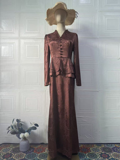 Women's Literary Retro Floral V-Neck Long Sleeve Fitted Maxi Dress – Dark Brown