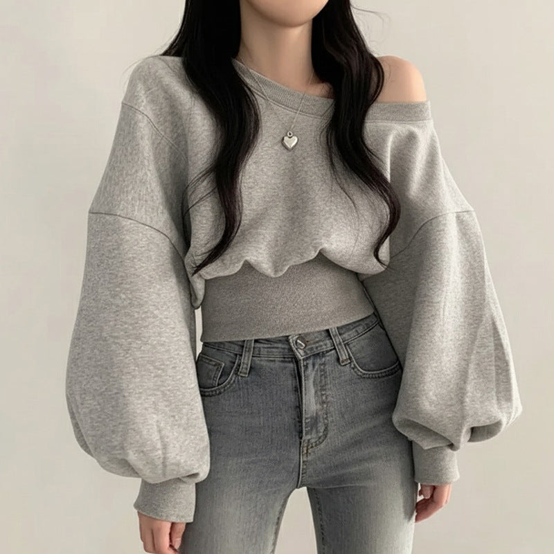 Women's One Shoulder Knit Hoodie – Loose Fit Long Sleeve Pullover Top