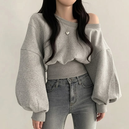 Women's One Shoulder Knit Hoodie – Loose Fit Long Sleeve Pullover Top