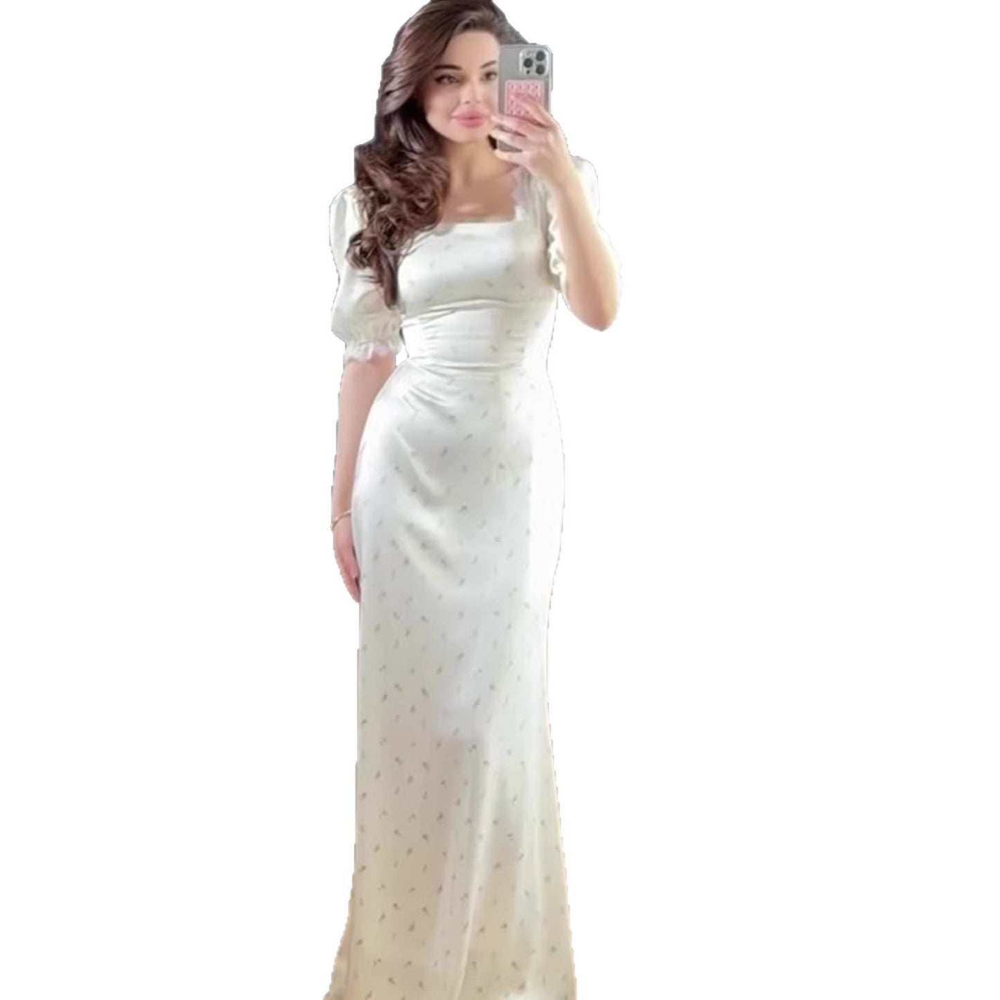 Elegant 3D Print Long Sleeve Maxi Dress – A-Line Belted Lace Trim Women’s Spring Fashion