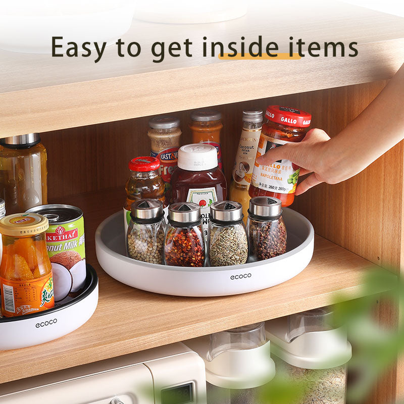 360° rotating seasoning organizer shelf with oilproof, non-slip base. Space-saving kitchen storage rack for spices, bottles, and daily essentials.