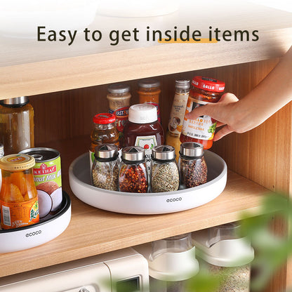 360° rotating seasoning organizer shelf with oilproof, non-slip base. Space-saving kitchen storage rack for spices, bottles, and daily essentials.