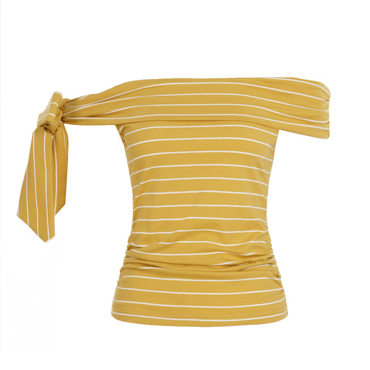 Zarusky One Shoulder Striped T-Shirt – Sexy Off Shoulder Contrasting Top