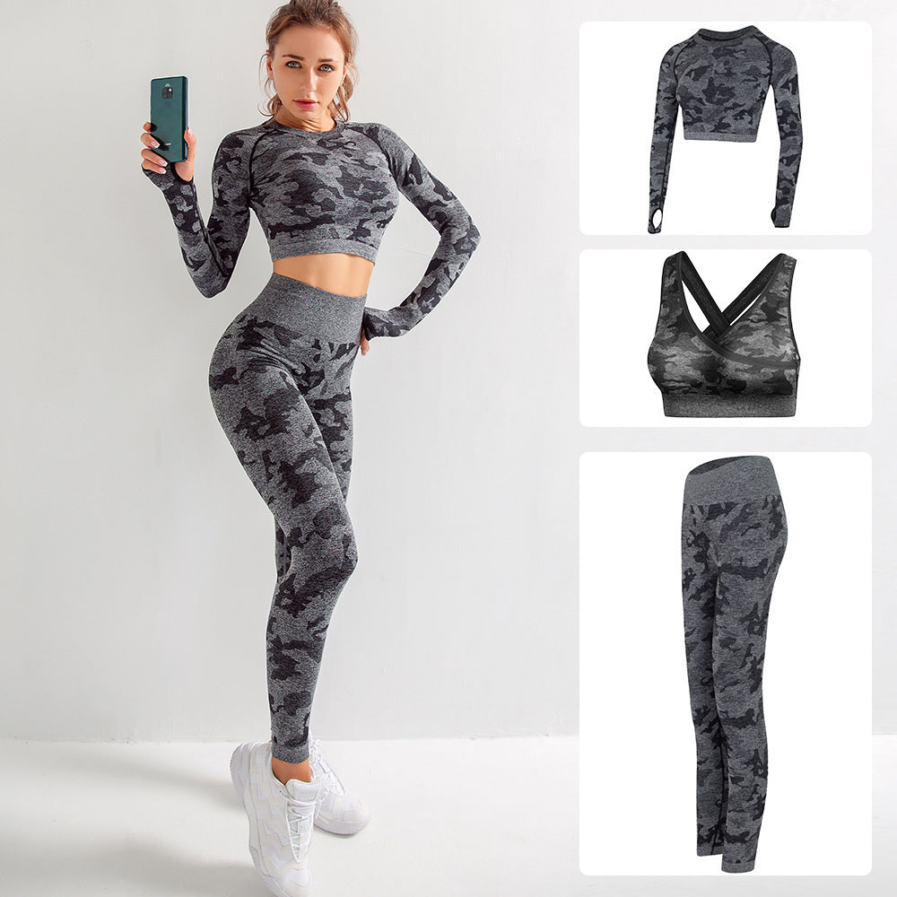 Camouflage 3-Piece Women’s Sportswear Set – Long Sleeve Sports Bra, Hip-Lifting Tight Pants & Fitness Yoga Suit