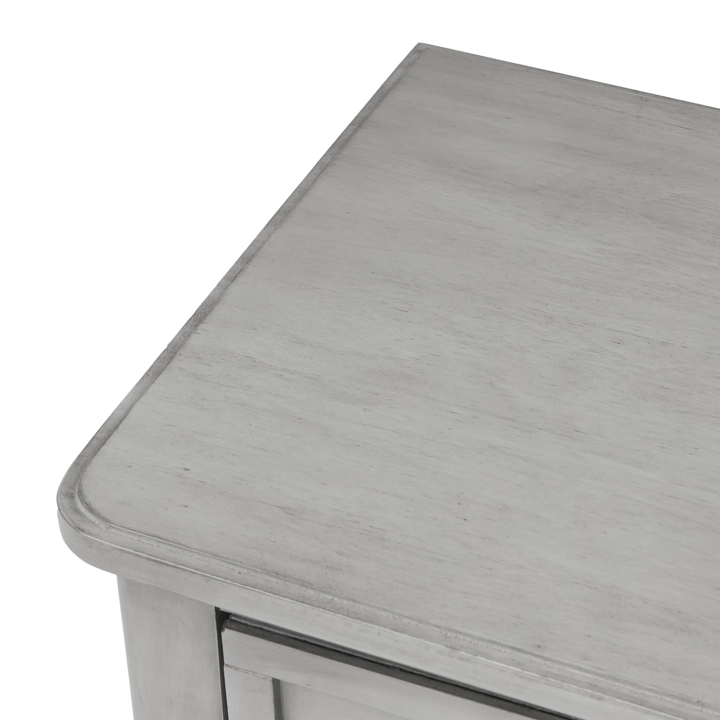 Slim grey-washed console desk with three drawers and bottom shelves. Space-saving sofa table perfect for living rooms, entryways, and hallways.