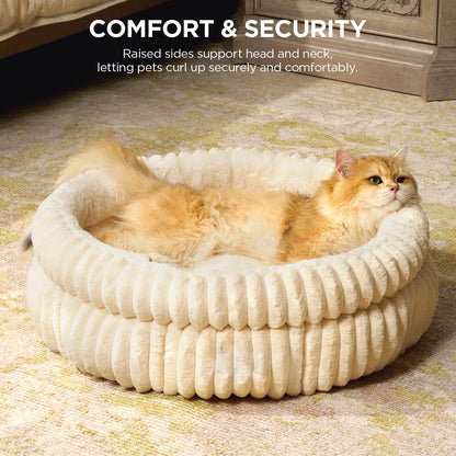 Ultra-soft rabbit fur round pet bed with thick padding. Warm, cozy, and stylish—perfect for small dogs and cats who love comfort and security.