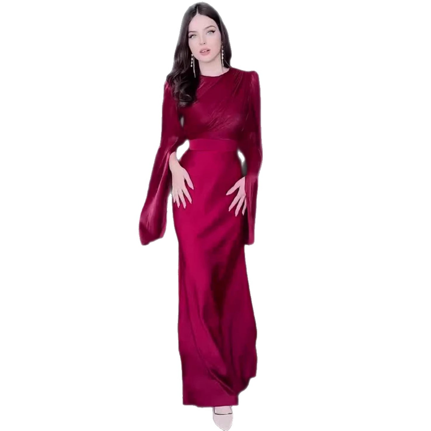 Women's Satin Asymmetric Sleeve Mesh Overlay Floor-Length Dress – Fitted Autumn Gown