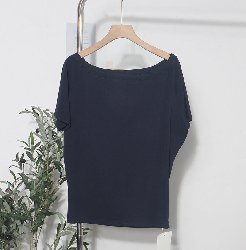 Zarusky Women's Off Shoulder Slanted Collar Loose Fit Blouse – Short Sleeve Cotton Top