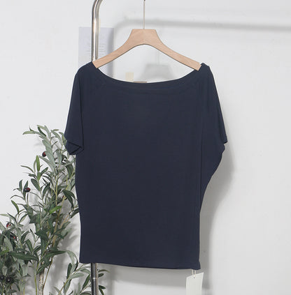 Zarusky Women's Off Shoulder Slanted Collar Loose Fit Blouse – Short Sleeve Cotton Top
