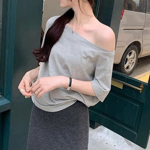 Women's Off Shoulder Oblique Collar Loose Short Sleeve Top – Casual Solid Polyester Blouse