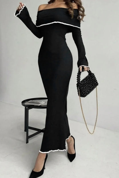 Off-Shoulder Maxi Sweater Dress - Contrast Trim Long Sleeve