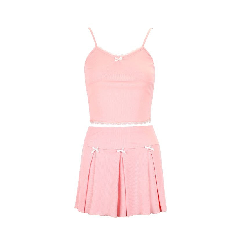 Pink Lace Trim Cami Top & Mini Skirt Set - Girly Style