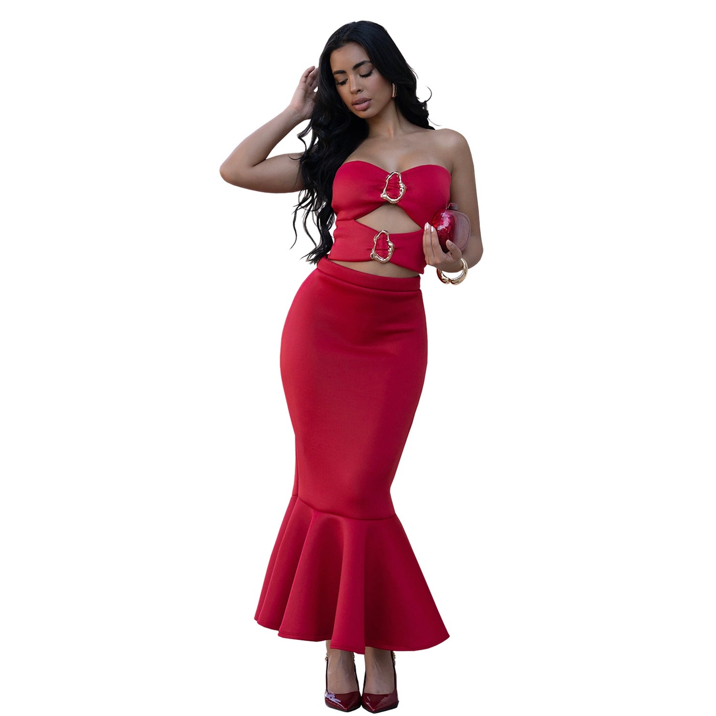 Women's Strapless Crop Top & Maxi Skirt Set – Elegant Commute Two-Piece