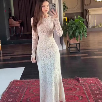 Elegant Long Sleeve Fitted Maxi Dress – High Waist Solid Color Women’s Autumn Fashion