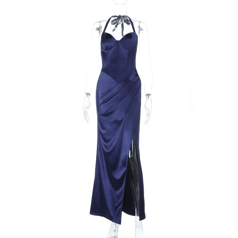 Hanging Neck Slit Satin Sexy Slim Fit Long Skirt - Navy Blue Square Neck Maxi Dress