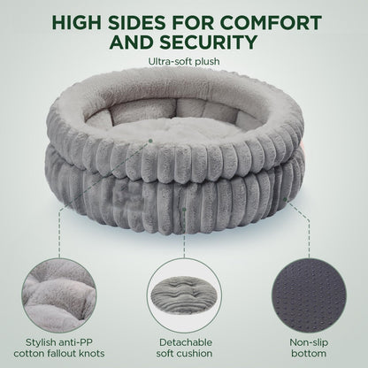 Ultra-soft rabbit fur round pet bed with thick padding. Warm, cozy, and stylish—perfect for small dogs and cats who love comfort and security.