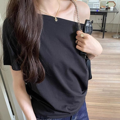 Women's Off Shoulder Oblique Collar Loose Short Sleeve Top – Casual Solid Polyester Blouse