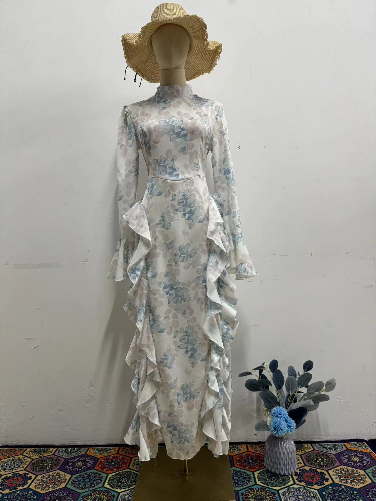 Women's Floral Print Satin Long Sleeve Bodycon Maxi Dress – Blue Leaves Tie Detail