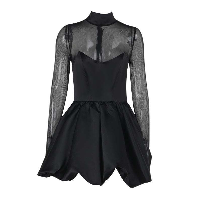 Women's Black Mesh Long Sleeve Mini Dress – High Waist Bubble Hem Sexy Dress