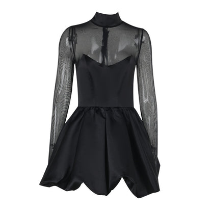 Women's Black Mesh Long Sleeve Mini Dress – High Waist Bubble Hem Sexy Dress