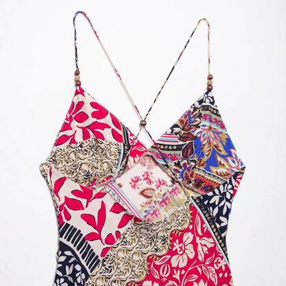 Women's Printed Backless V-Neck Camisole Maxi Dress
