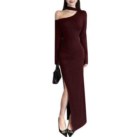 Women's Off Shoulder Asymmetric Neck Knit Midi Dress – Long Sleeve Pullover