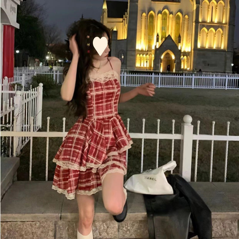 Mini robe de soirée sans manches rouge asymétrique à volants en dentelle pour femme