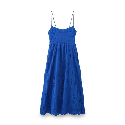 Women's Hollow Embroidered Camisole Maxi Dress | Blue
