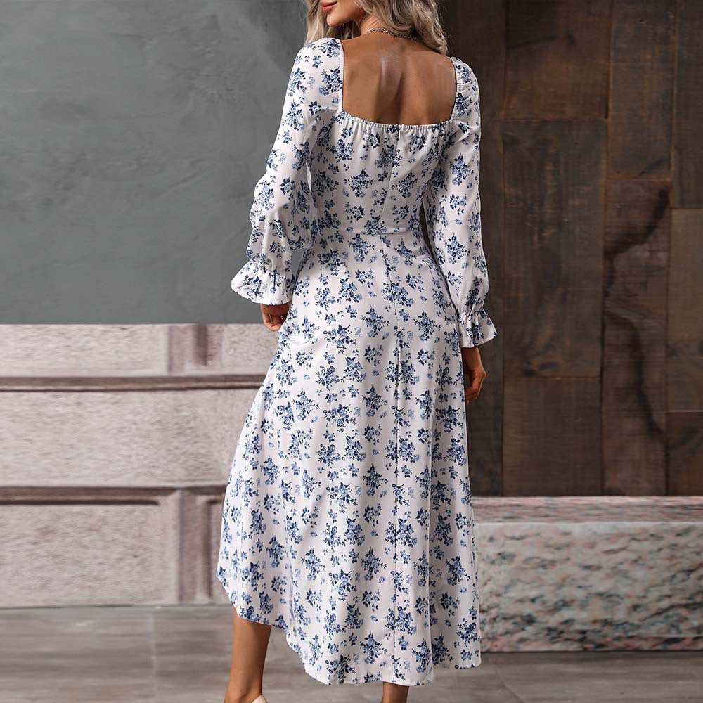 Women's Floral Square Neck Lace-Up Slim Maxi Dress | White
