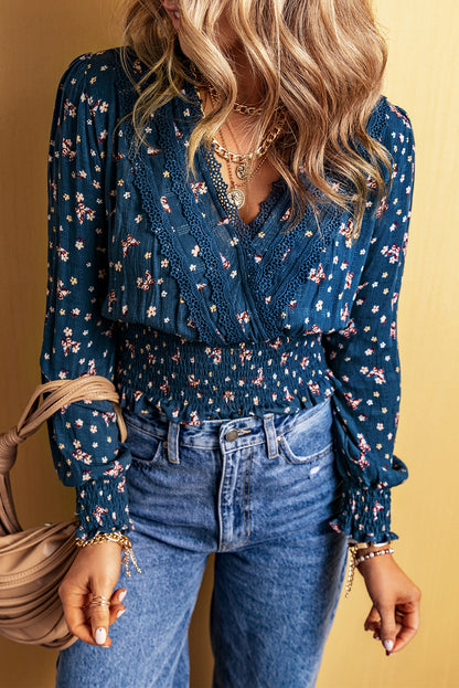 Blue Floral Lace Trim Blouse - V-Neck Smocked Waist Top