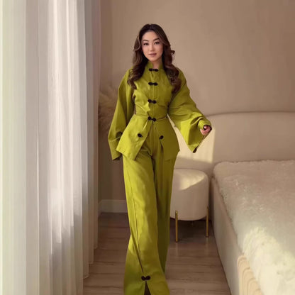 Women's Vintage Long Sleeve Loose Two-Piece Set – Dress & Long Pants, 5 Colors