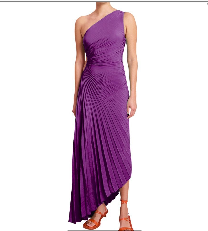Single Shoulder Diagonal Neckline Pleated Hollow Out Satin Dress - Long Skirt
