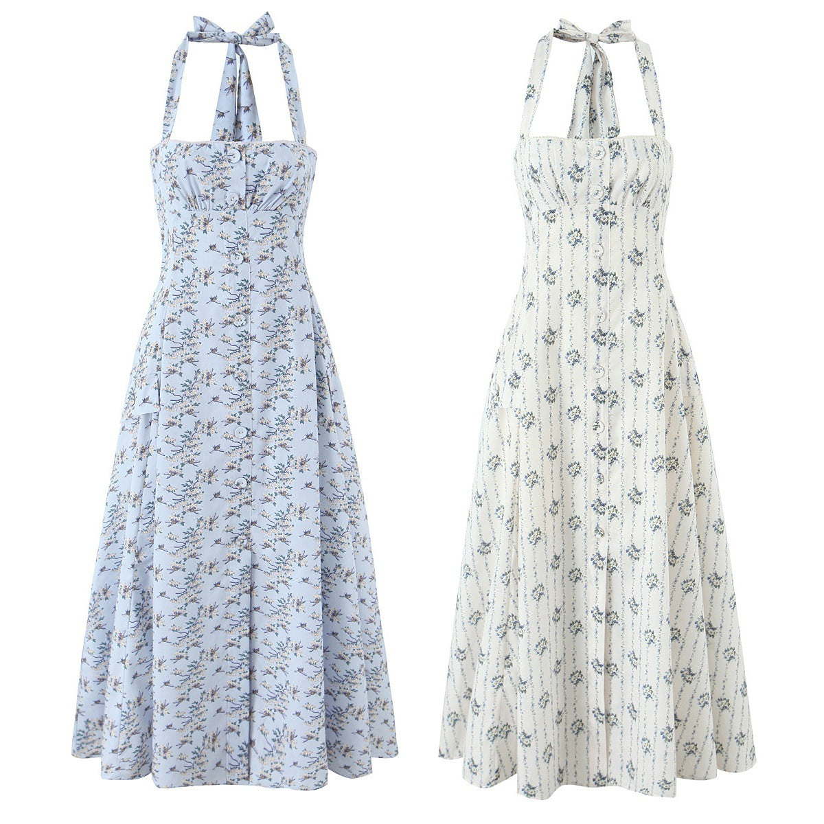 Women's Printed Button-Neck Midi Dress | Cotton | White & Blue