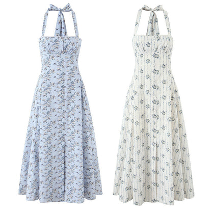 Women's Printed Button-Neck Midi Dress | Cotton | White & Blue